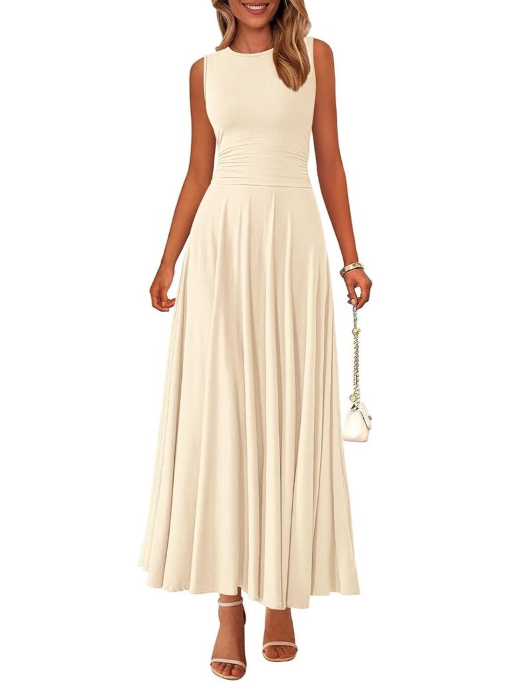Women's Beige Crewneck High Waisted Casual Sleeveless 2026 Aline Maxi Dresses